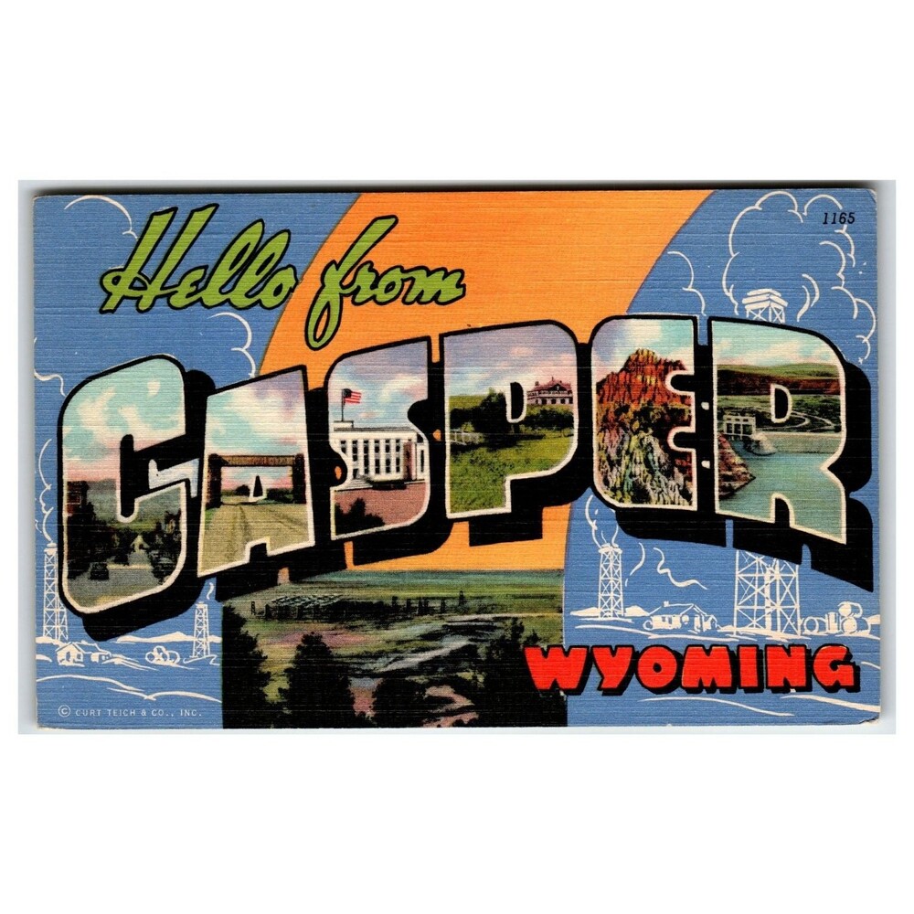 Hello from Casper Wyoming Large Letter Linen Postcard Oil City Scenes